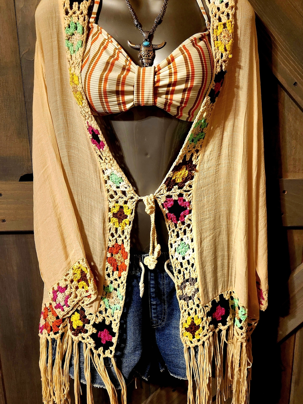 Boho Cream Crochet Fringe Kimono Cardigan - Cream